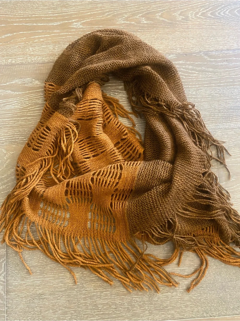 Anthropologie Knot Crochet Color Block Brown Woven Fringe Infinity Scarf Fall